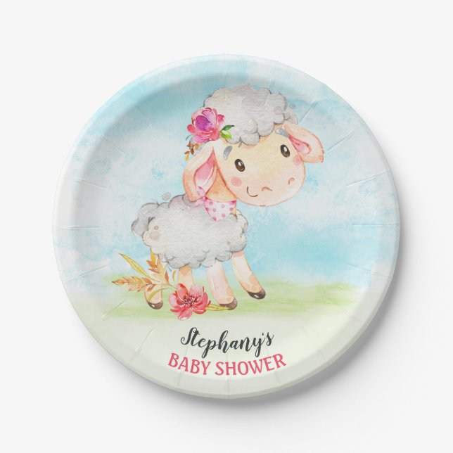 Assiettes En Carton Ferme de Baby shower de mouton de fille d'aquarell (Devant)