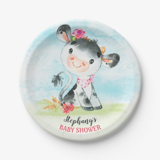 Assiettes En Carton Ferme de Baby shower de Vache de fille aquarelle (Devant)