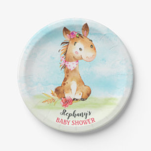 Assiettes En Carton Ferme de Baby shower Watercolor Girl Horse