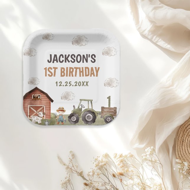 Assiettes En Carton Ferme de tracteur aquarelle 1er anniversaire (Créateur téléchargé)