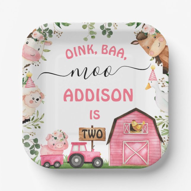 Assiettes En Carton Ferme Pink Grange Tracteur fête d'anniversaire (Recto)