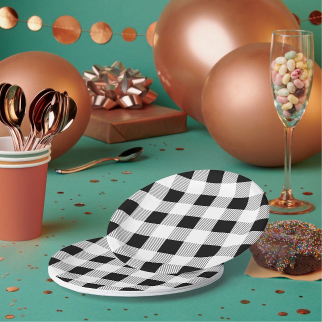 Assiettes En Carton ferme rustique fête de plaid de buffle blanc noir (Multi)