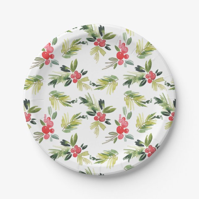 Assiettes En Carton Festif Aquarelle Holly Noël Motif (Devant)