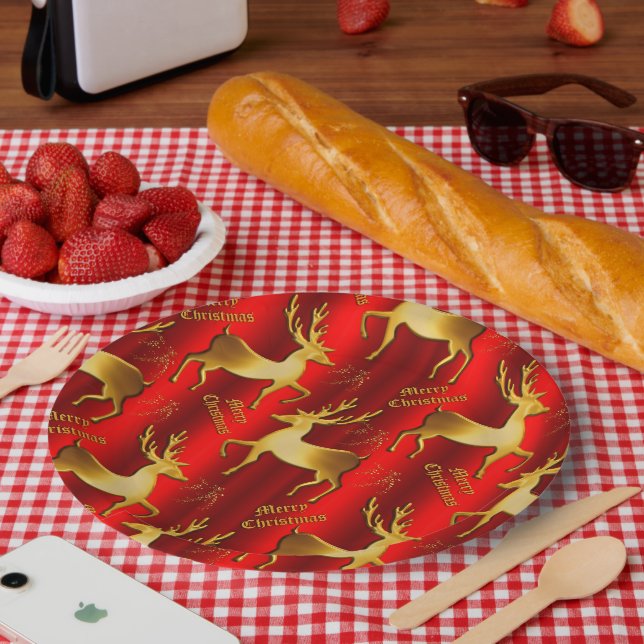 Assiettes En Carton Festif Gold et Red Reindeer Noël (Pique-nique)