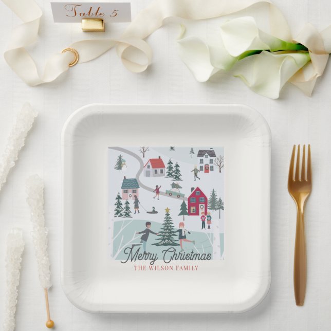 Assiettes En Carton Festif hiver Noël Ville/Village Vacances (Mariage)