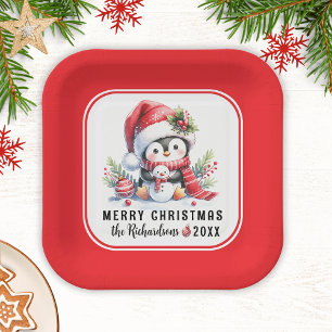 Assiettes En Carton Festif mignon pingouin rouge blanc Joyeux Noël