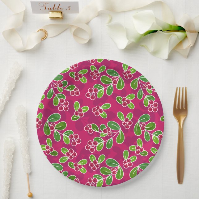 Assiettes En Carton Festif Motif de feuillage de canneberge, Fuchsia (Mariage)