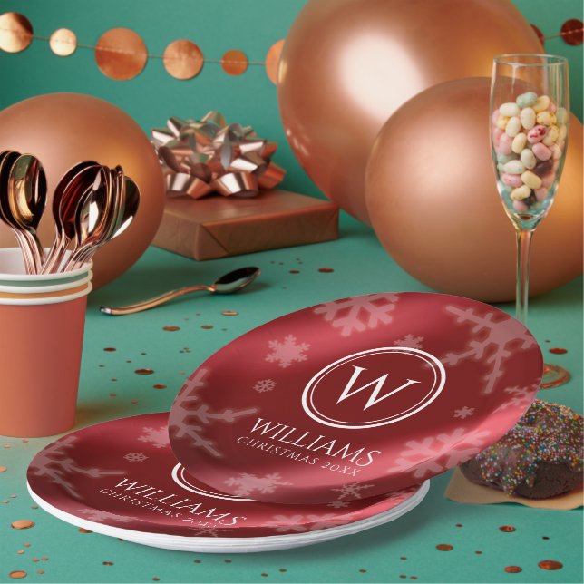 Assiettes En Carton Festif Red Foil Snowflakes Nom du monogramme (Multi)