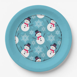 Assiettes En Carton Festif Snowman sur Motif bleu