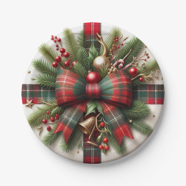 Assiettes En Carton Festive Christmas Red Tartan Bow & Pine  (Devant)