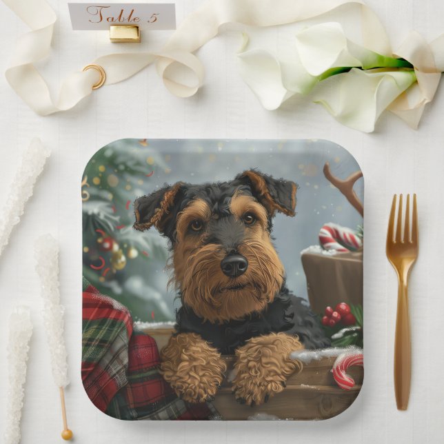 Assiettes En Carton Festive de Noël de Chien Airedale (Mariage)