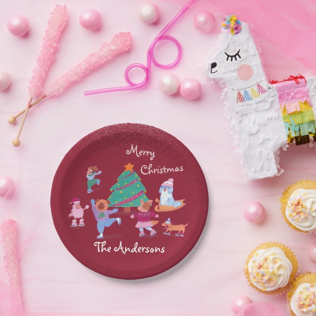 Assiettes En Carton Festive Dog Ice Skating Name Red Christmas Dinner (Fête)