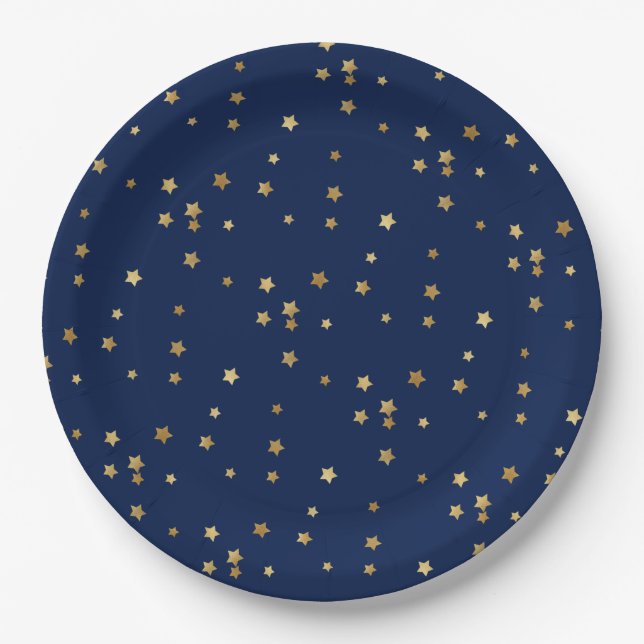 Assiettes En Carton Festive Holiday Blue & Glittery Gold Stars (Devant)