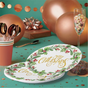 Assiettes En Carton Festive Holly Wreath - Gold Foil Joyeux Noël