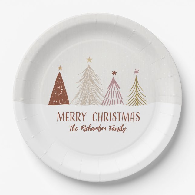 Assiettes En Carton Festive Joyeux Arbres de Noël Fêtes Fête Chic (Devant)