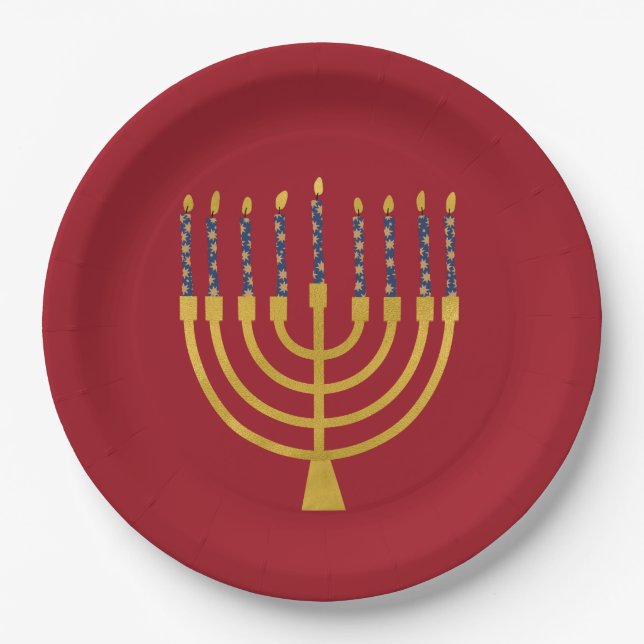 Assiettes En Carton Festive Menorah Hanoukka Bougies Bleues Élégant (Devant)
