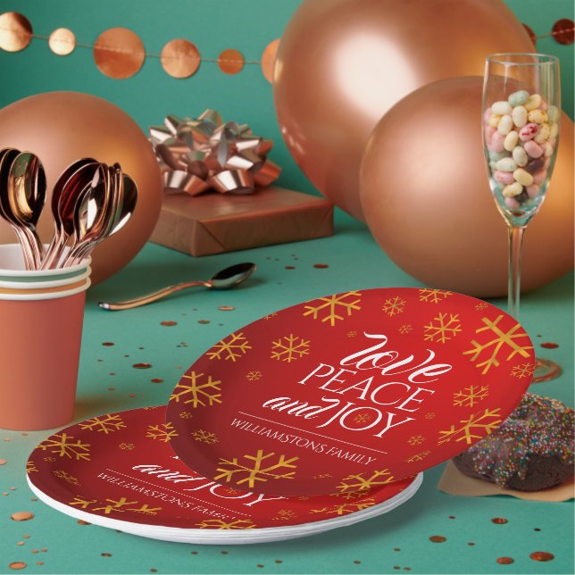 Assiettes En Carton Festive Red Love, Peace and Joy with Snowflakes (Multi)