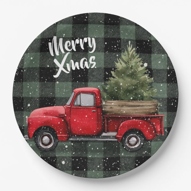 Assiettes En Carton Festive Red Truck with Christmas Tree Paper Plates (Devant)