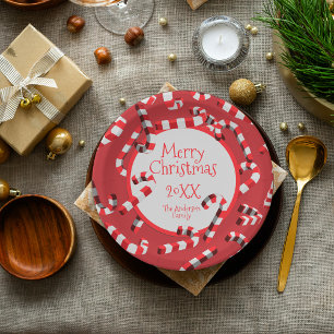 Assiettes En Carton Festive Sucres de canne rouge et blanc Noël