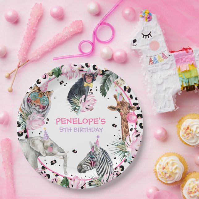 Assiettes En Carton Fête Animaux Wild Safari Rose Fille Anniversaire (Fête)