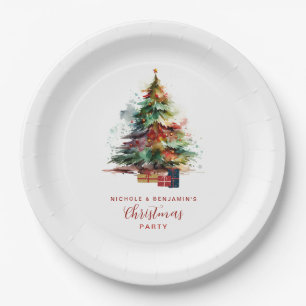 Assiettes En Carton Fête Arbre de Noël Watercolor