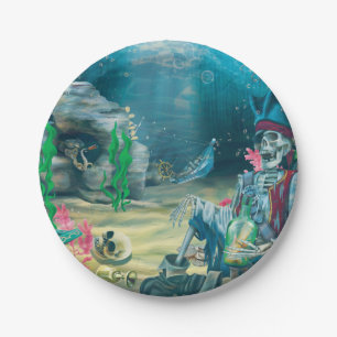 Assiettes En Carton Fête au trésor de squelette de pirate sous la mer
