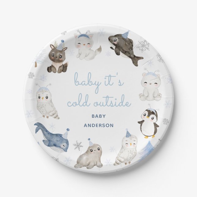 Assiettes En Carton Fête Baby shower des animaux de neige d'hiver (Devant)