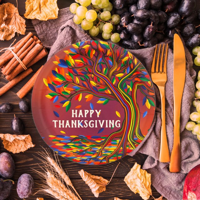 Assiettes En Carton Fête Bon thanksgiving personnalisée de l'arbre d'a (Créateur téléchargé)