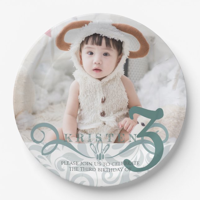 Assiettes En Carton Fête classique turquoise photo d'anniversaire (Devant)