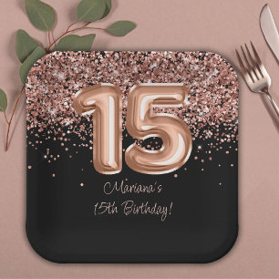 Assiettes En Carton Fête d'anniversaire 15 ans Rose Gold Black