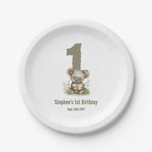 Assiettes En Carton Fête d'anniversaire 1 an Koala Ours Vert Sauge