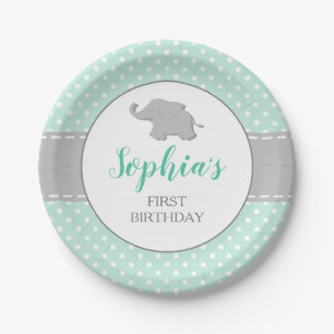Assiettes En Carton Fête d'anniversaire 1 an Mint Green pois éléphant