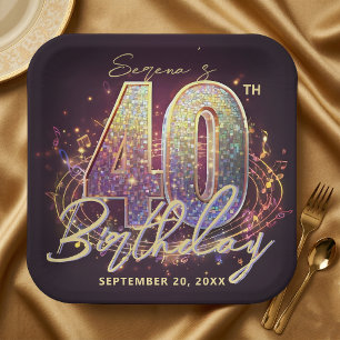 Assiettes En Carton Fête d'anniversaire 40 ans Musique Boule Disco Gla