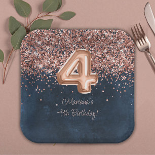 Assiettes En Carton Fête d'anniversaire 4 ans Rose Gold Bleu Nuit