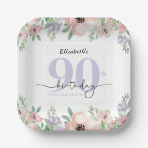 Assiettes En Carton Fête d'anniversaire 90 ans Elegant Floral Pastel