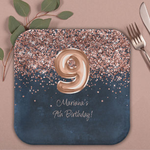 Assiettes En Carton Fête d'anniversaire 9 ans Rose Gold Bleu Nuit