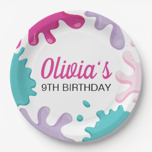 Assiettes En Carton Fête d'anniversaire au slime rose
