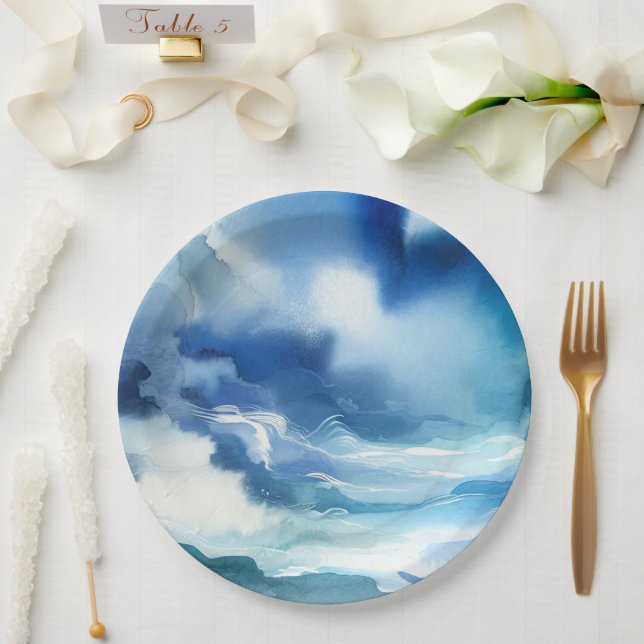 Assiettes En Carton Fête d'anniversaire aux vagues d'eau de mer à l'aq (Mariage)