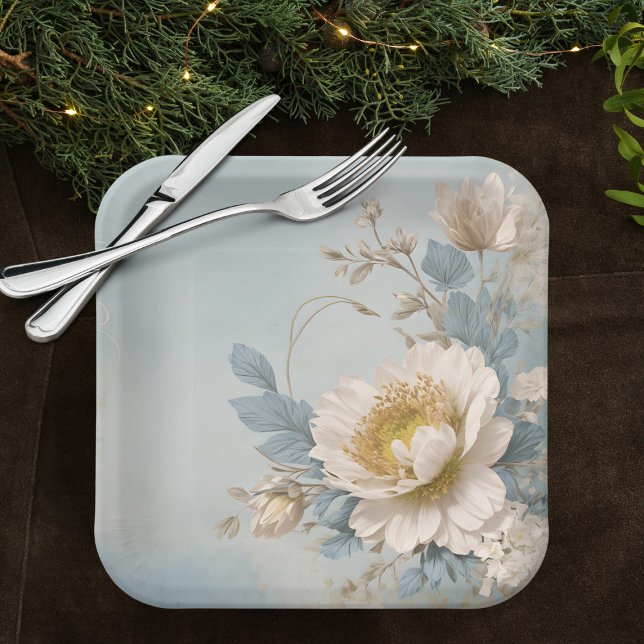 Assiettes En Carton Fête d'anniversaire bleu floral élégant (Créateur téléchargé)