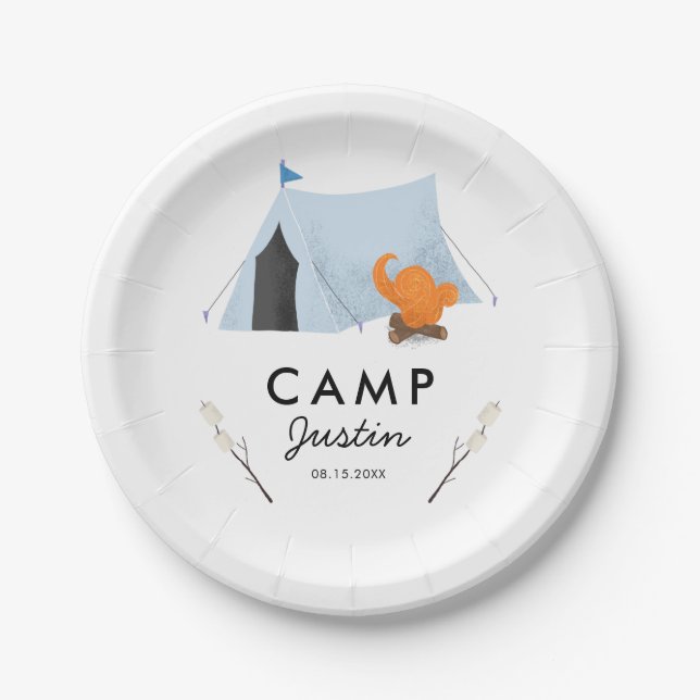 Assiettes En Carton Fête d'anniversaire bleue de camping de tente (Devant)