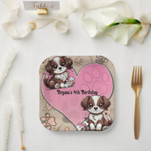 Assiettes En Carton Fête d'anniversaire Chien marron Patte rose & Cœur