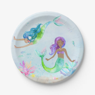 Assiettes En Carton Fête d'anniversaire d'aquarelle de sirène
