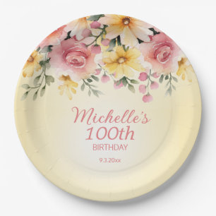 Assiettes En Carton Fête d'anniversaire de 100 ans aux fleurs roses ja