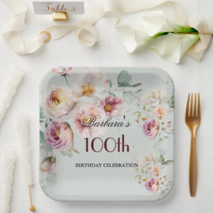 Assiettes En Carton Fête d'anniversaire de 100 ans élégante aquarelle