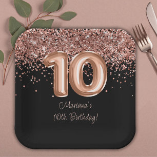 Assiettes En Carton Fête d'anniversaire de 10 ans Rose Gold Black
