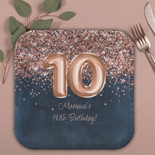 Assiettes En Carton Fête d'anniversaire de 10 ans Rose Gold Navy Blue