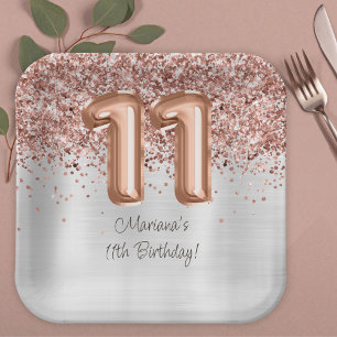 Assiettes En Carton Fête d'anniversaire de 11 ans Rose Gold Argent