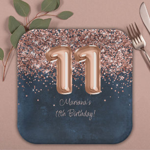 Assiettes En Carton Fête d'anniversaire de 11 ans Rose Gold Navy Blue