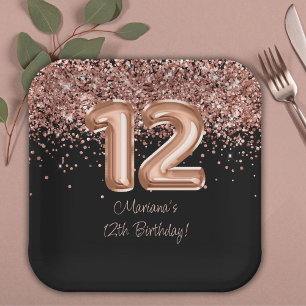 Assiettes En Carton Fête d'anniversaire de 12 ans Rose Gold Black