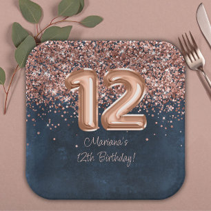 Assiettes En Carton Fête d'anniversaire de 12 ans Rose Gold Navy Blue